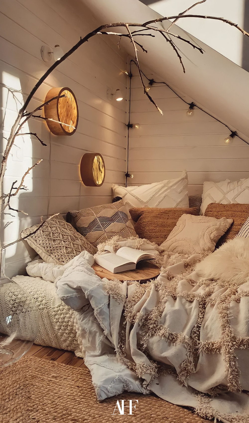 A cozy boho bedroom with earthy tones and lots of different textures. A lot of decor.