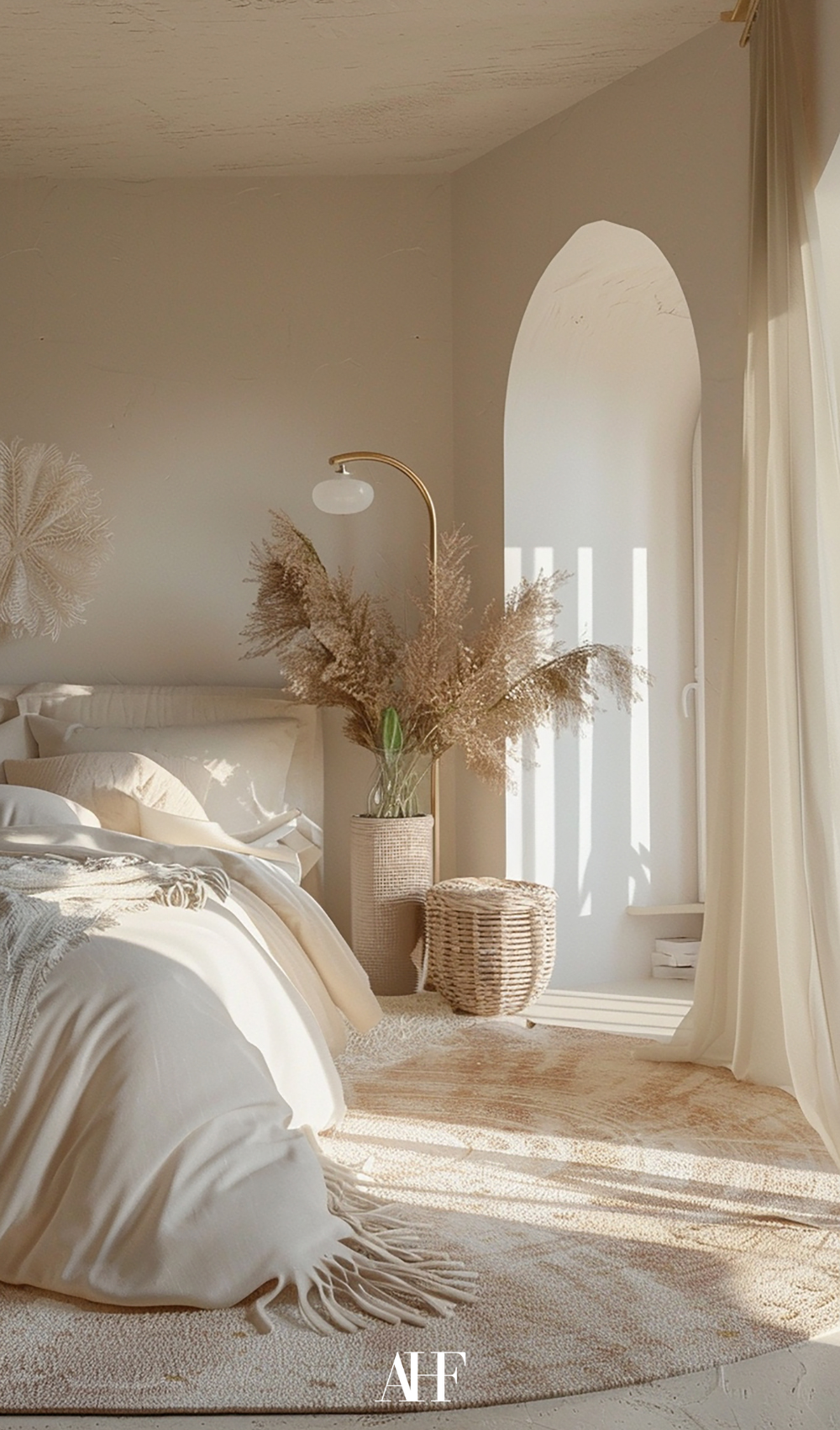 A light and earthy bedroom with beige bedding, a large full body mirror and textiles.