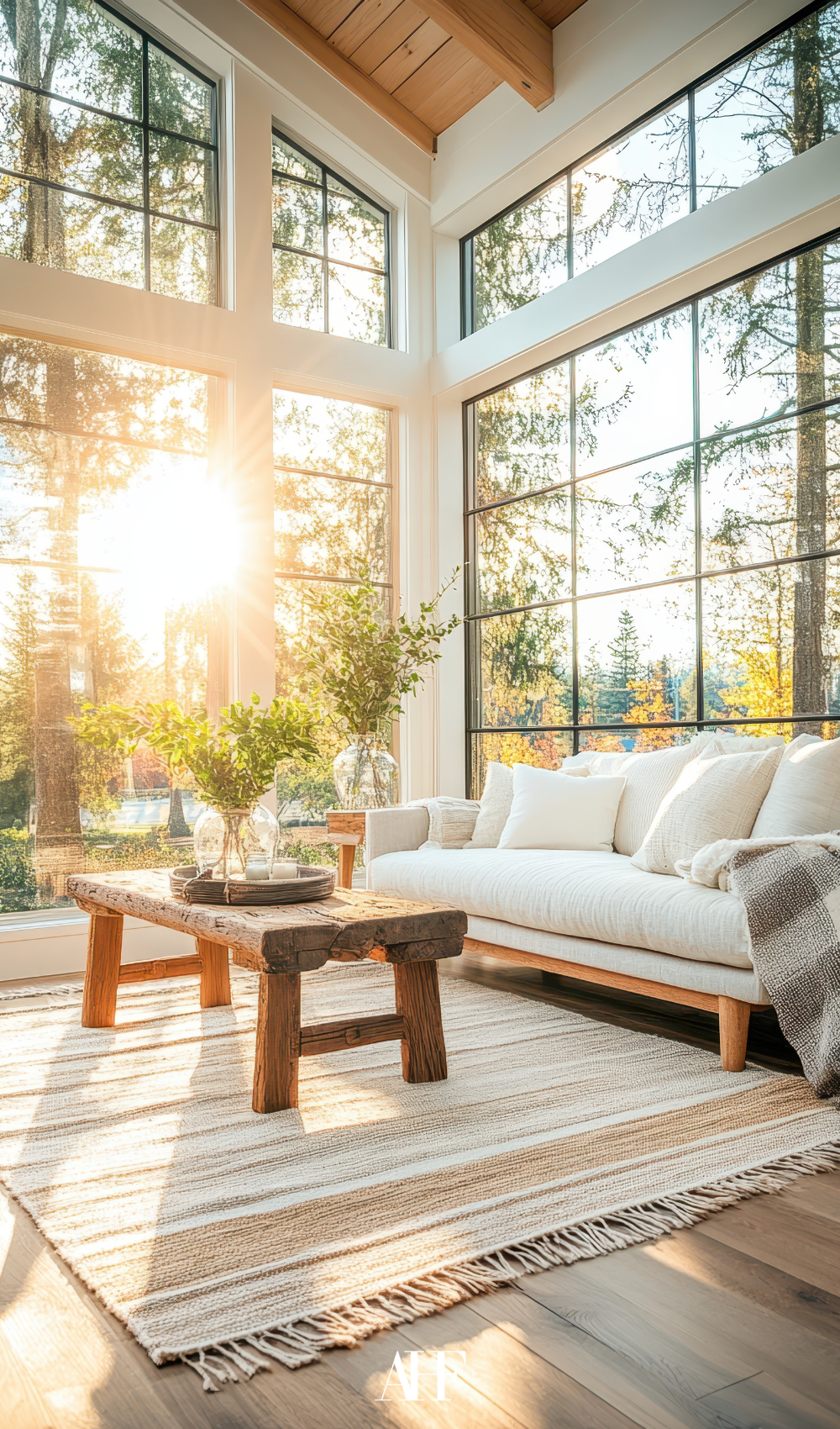 Indoor sunroom furniture. A beautiful sunroom with a white couch, a rustic coffee table and large windows.