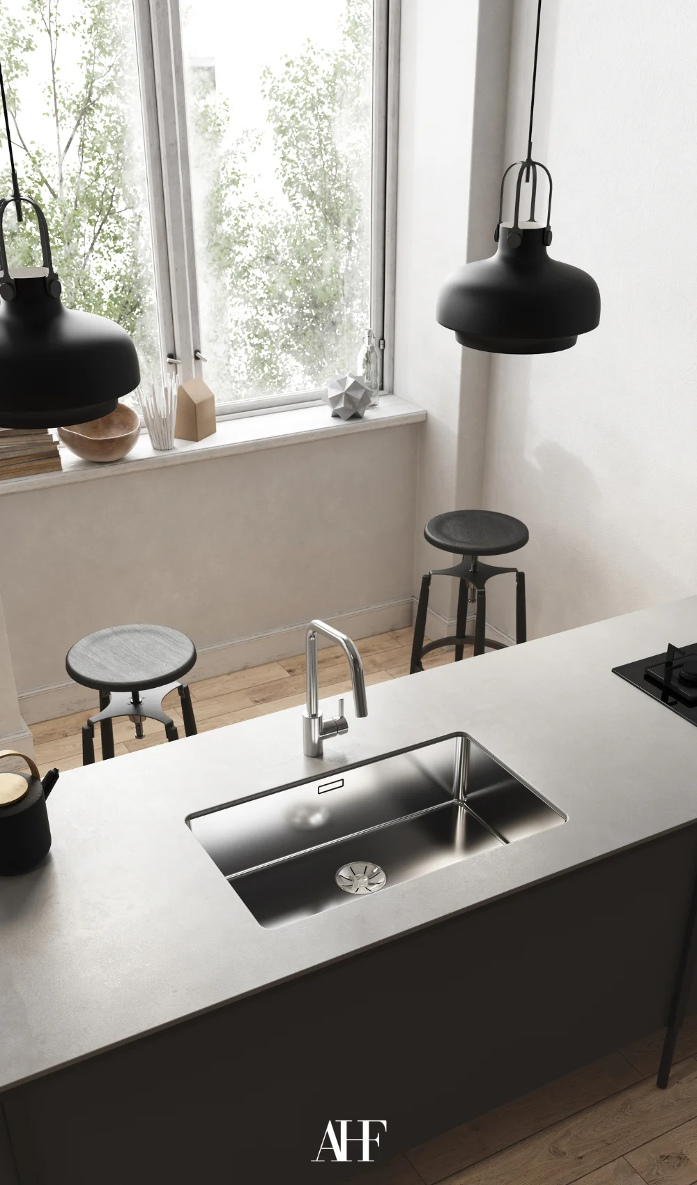 Industrial interior design with black kitchen, a steel sink and black chairs. A large window.