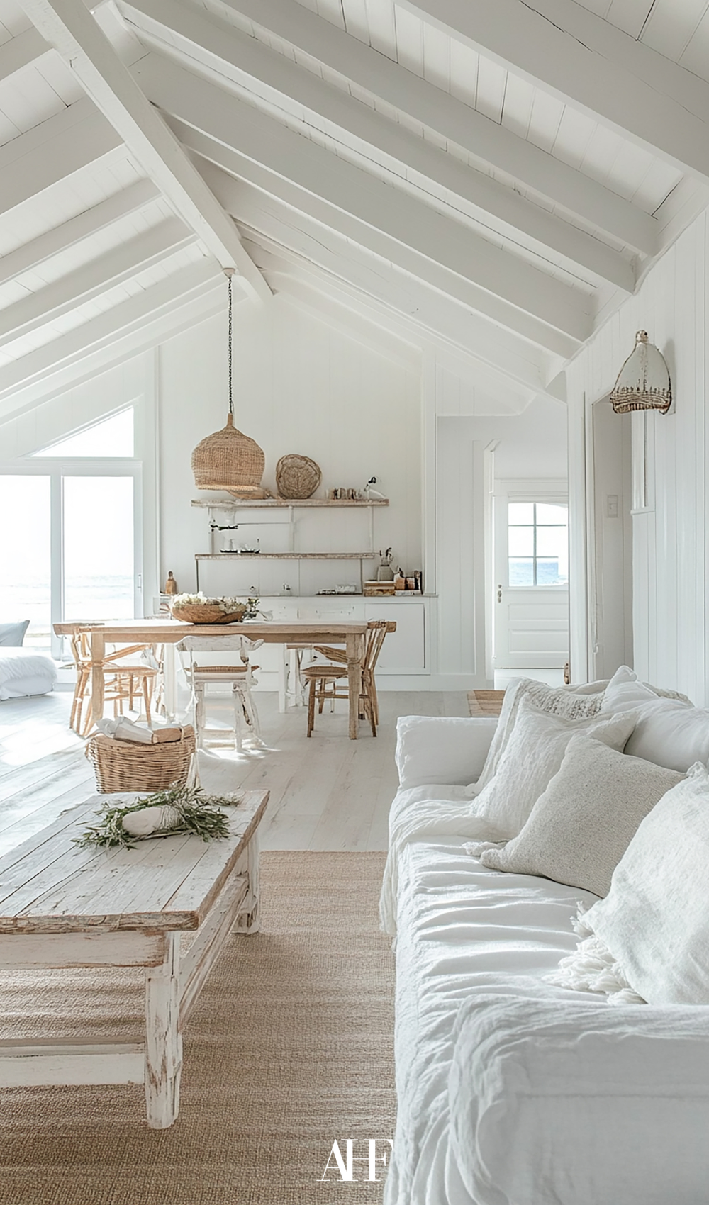A light and airy living room with a white sofa and a wooden coffee table, a wooden dining table in the background.
