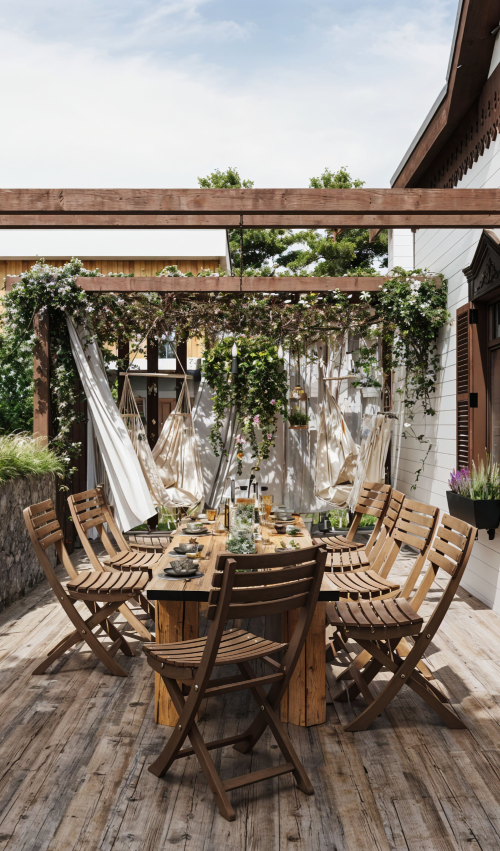 a small summer patio wiht wooden dining table with chairs, lots of platns and decorations.