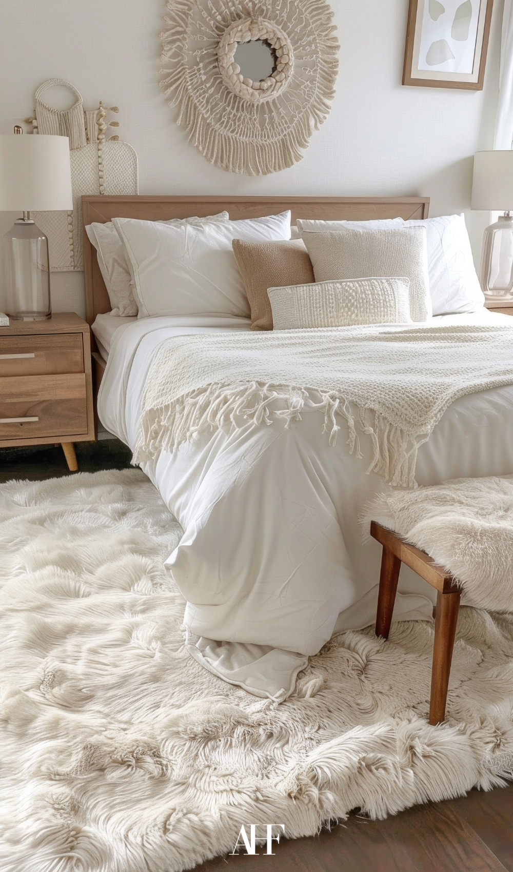 A cozy bedroom with a wooden bed and wooden bedside tables. White bedding and white perfect rug.