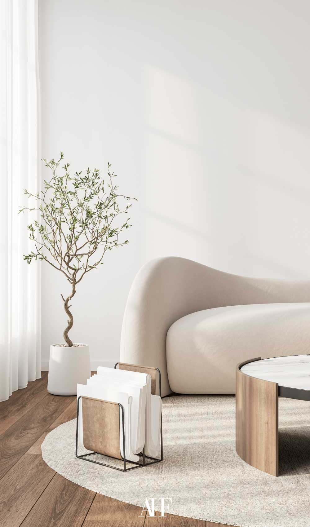 Minimalist interior living room with an olive tree, a white couch and a wooden coffee table.