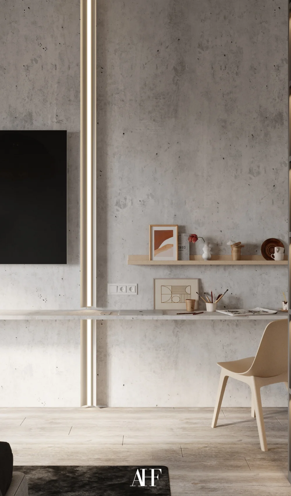 Minimalist industrial interior home with a concrete wall, wooden open shelving ad a tv. A wooden armchair.