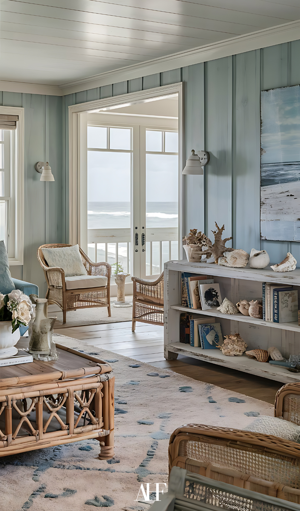A coastal living room with lots of nautical living room decor. A large window towards the ocean.