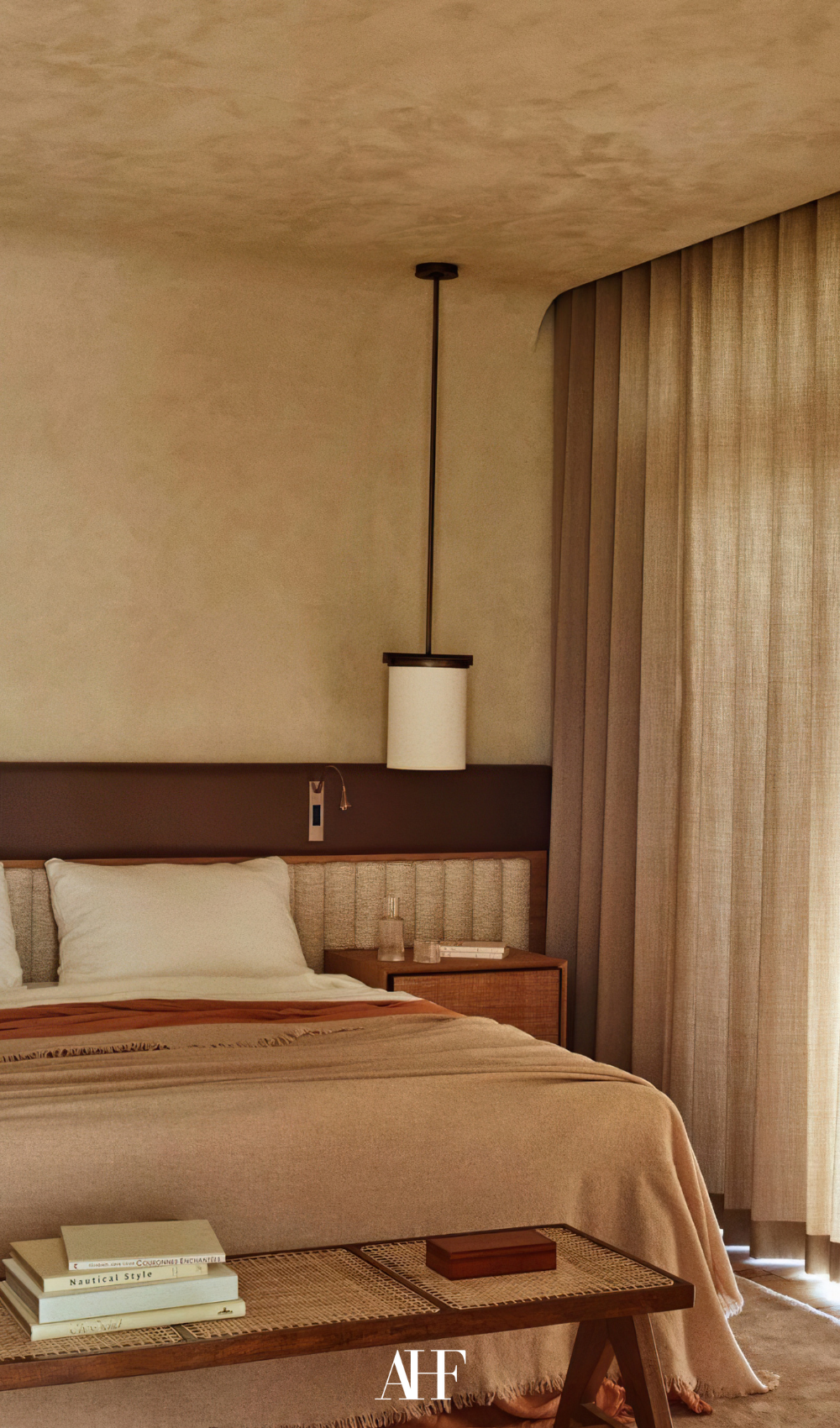 An earhty bedroom with beige walls, beige curtains and a beige bedidng.