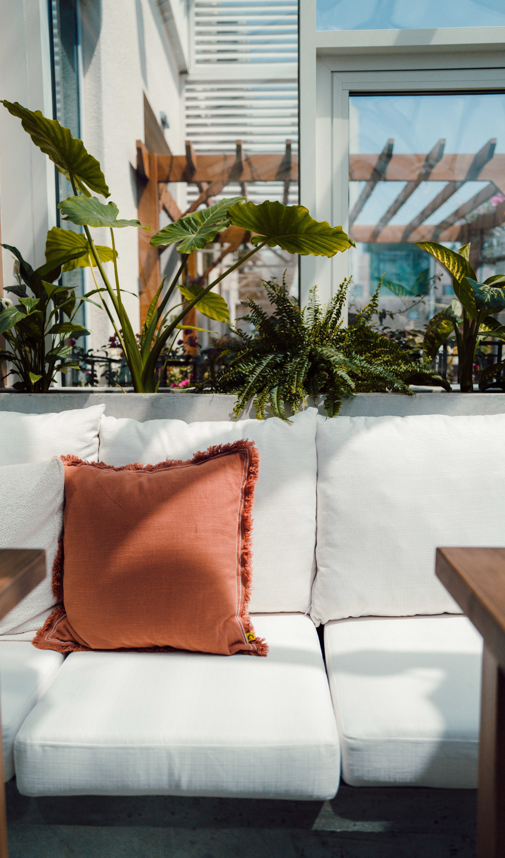 a coastal inspired small summer patio with palms, a large white couch and a rust pillow.