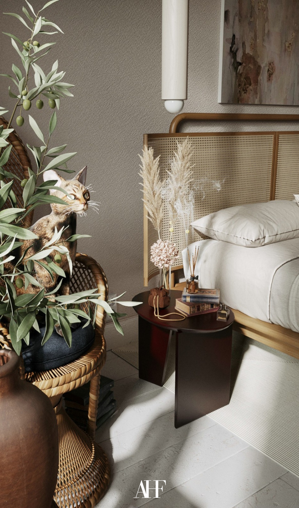 A bed with a rattan bed frame and some plants.