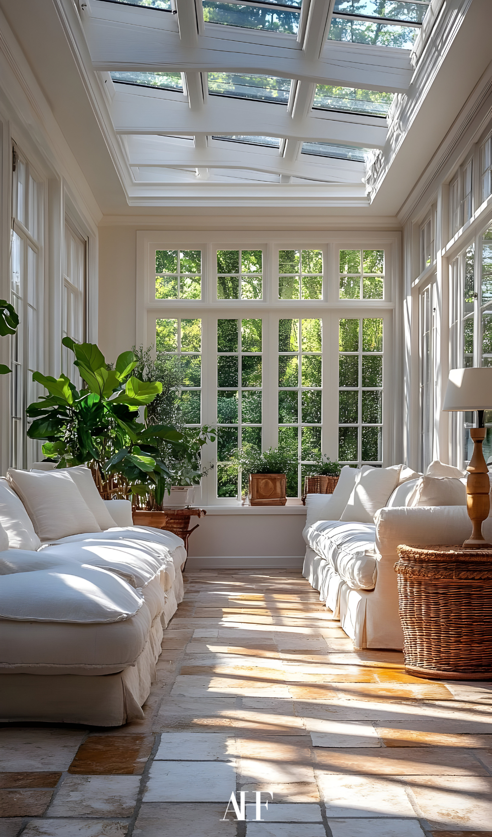 Beautiful sunroom with two white couches, large windows and a storage side table. A large plant in the corner.
