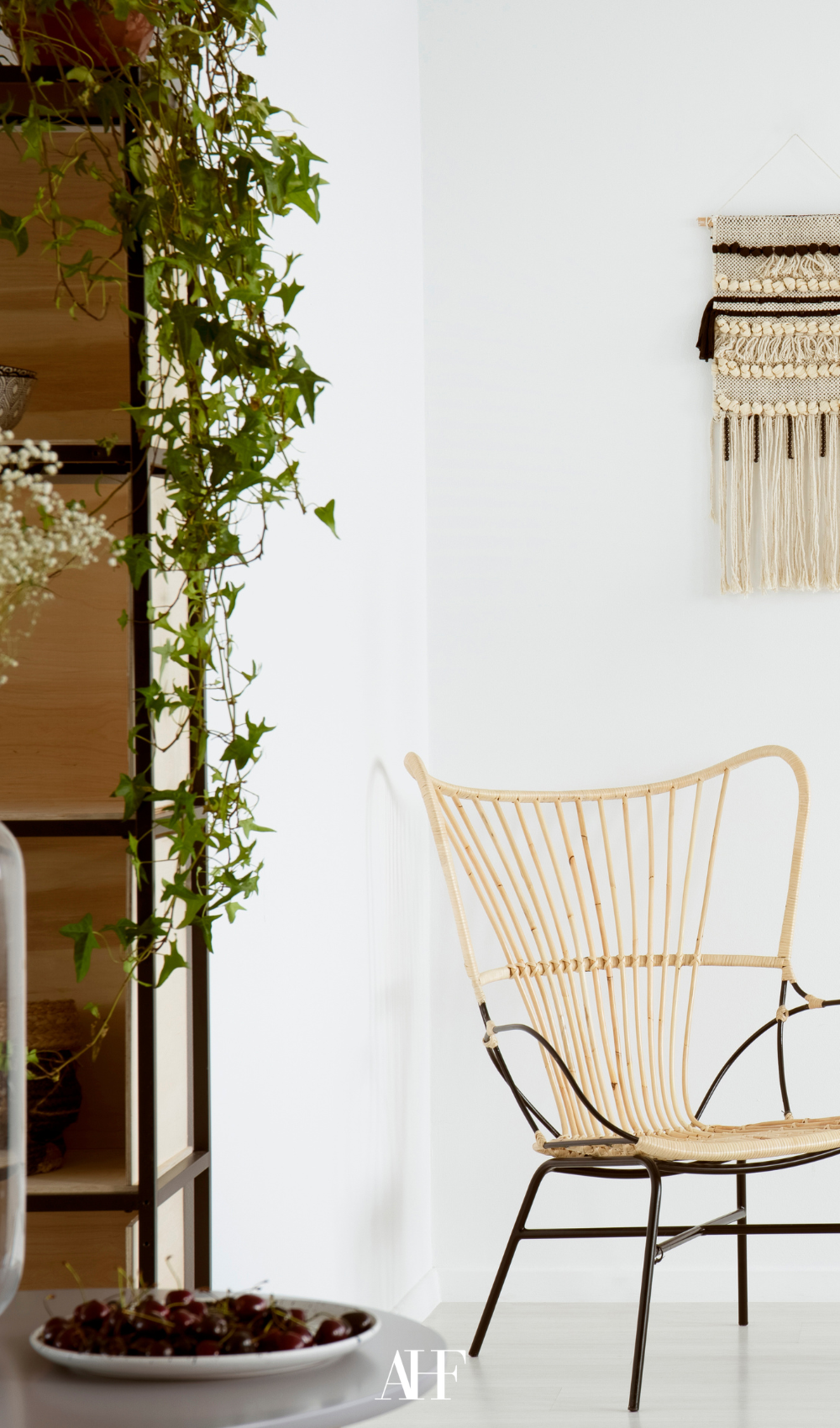 An armchair in a white room and a bookshelf with a plant hanging down.