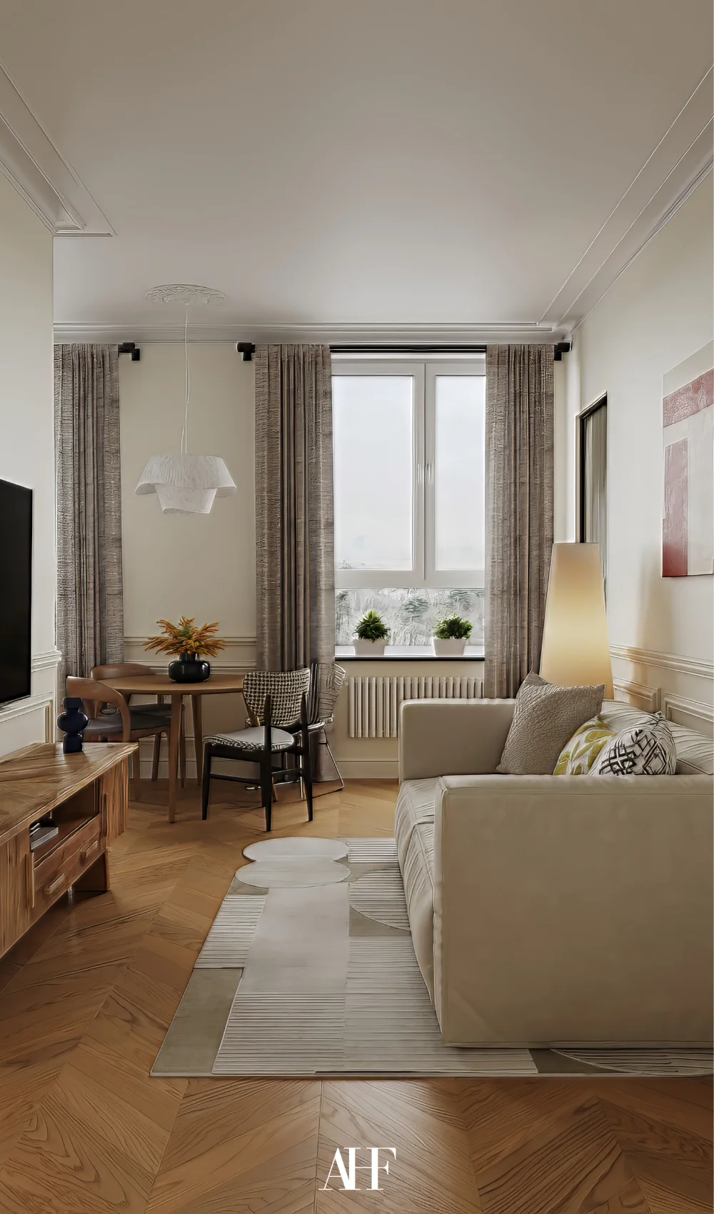 Small apartment living room with a beige sofa, a wooden tv bench and a big window. Small apartment decorating ideas.