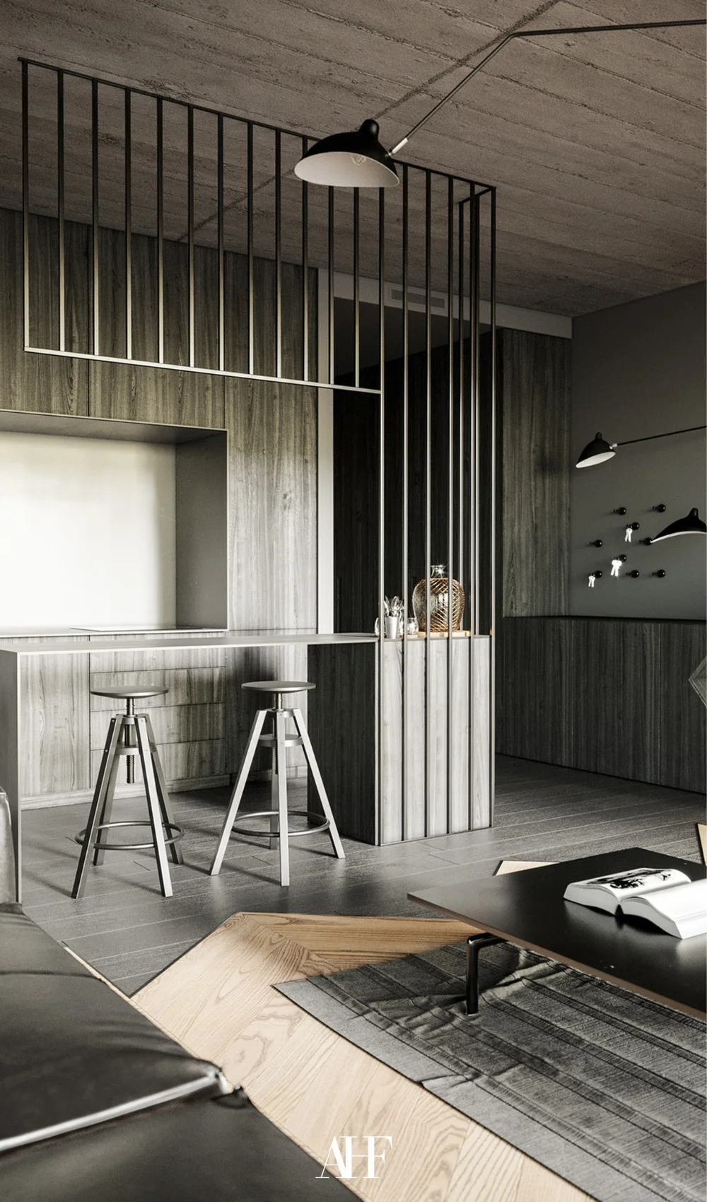 An industrial home kitchen with wooden details and concrete details. Black and grey color scheme.