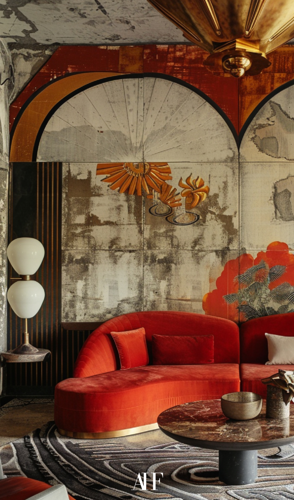 A eclectic interior design with a red sofa and colorful decorations.