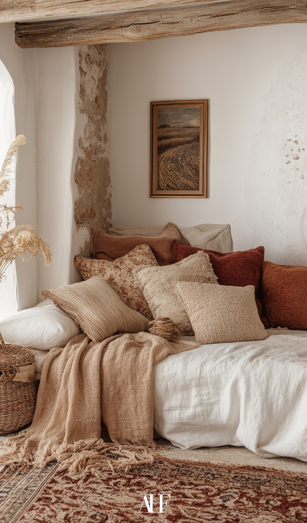A cozy corner with a beds with lots of earthb toned pillows.