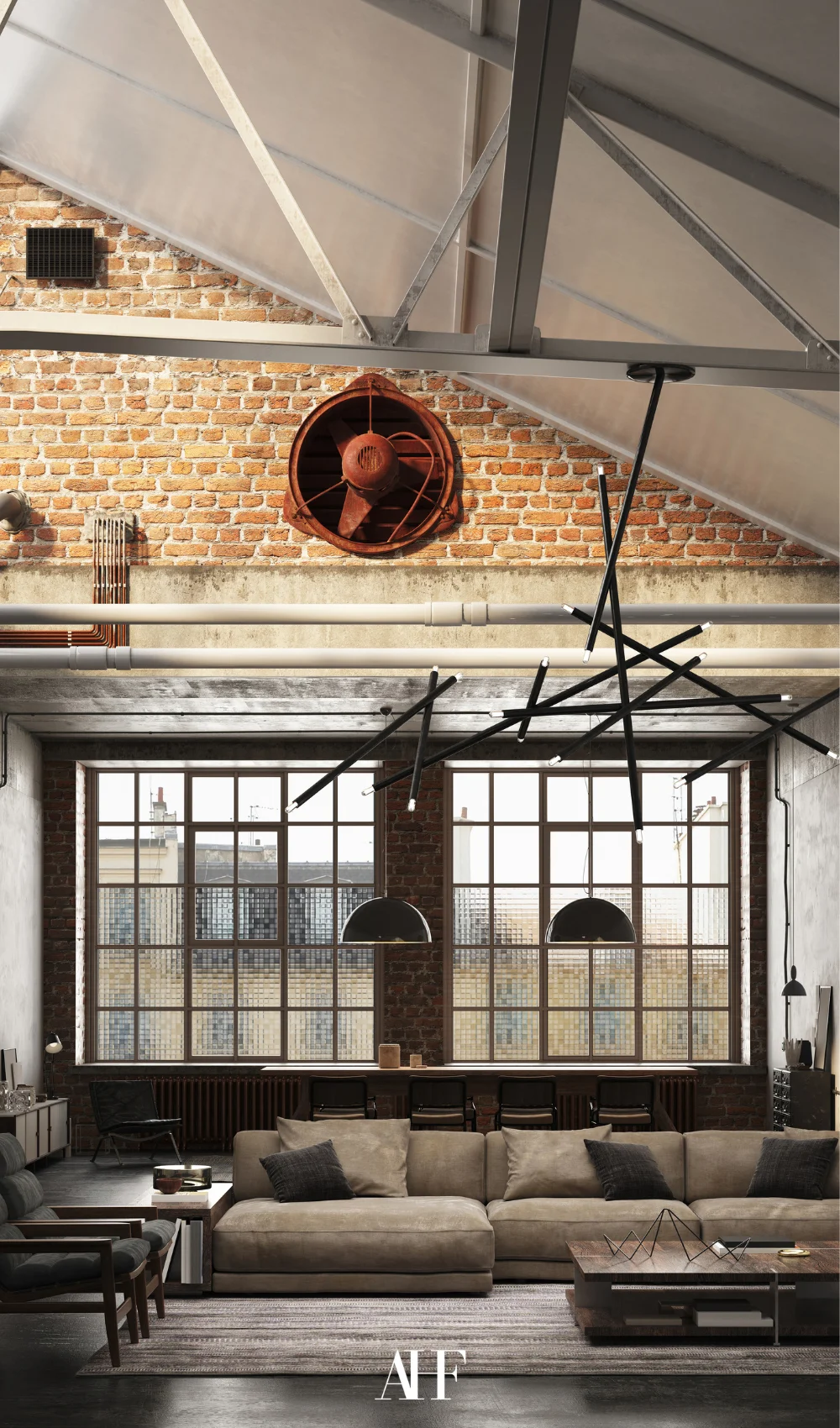 Industrial home interior living room with large black windows, brick walls and a sofa.