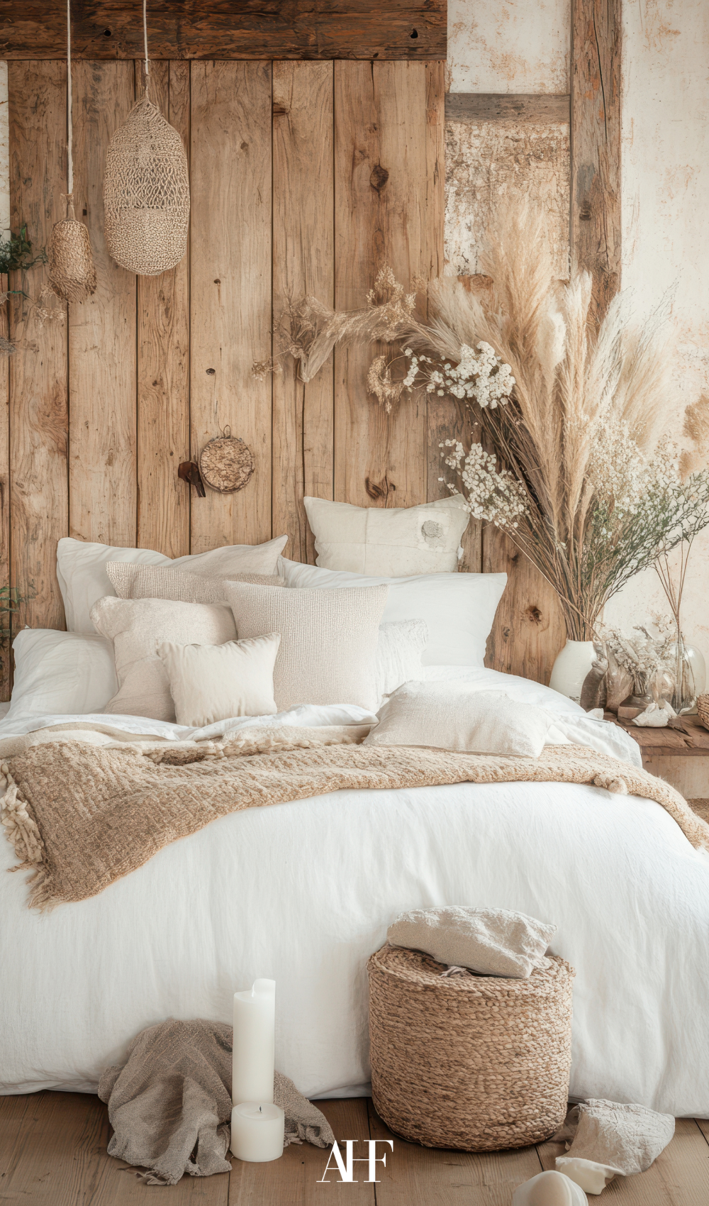 A boho bedroom with wooden details, lots of texture and white bedding. Lots of plants.