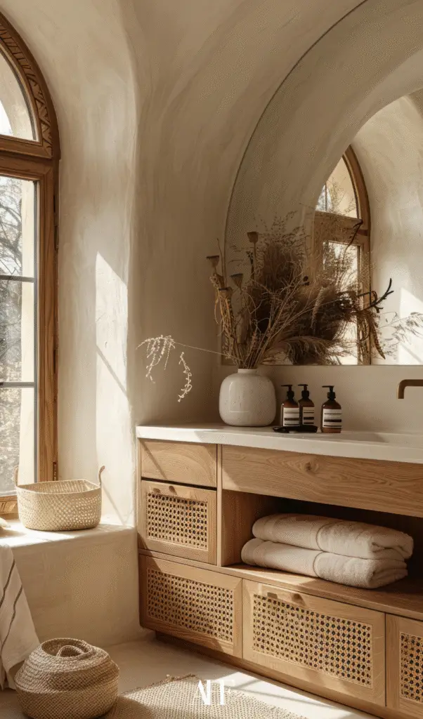 A boho bathroom with wooden details and rounded details. A large mirror and a large window.