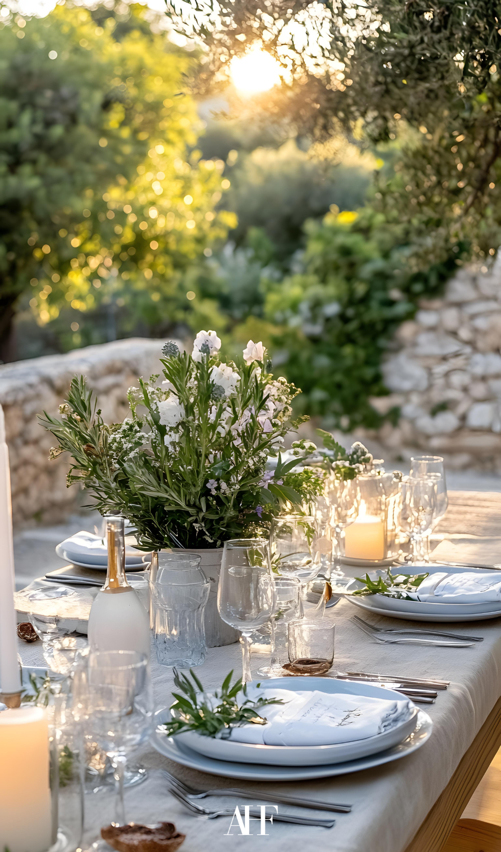 A summer dining table setting in the nature with florals on the table and white plates. Summer dinnerware.