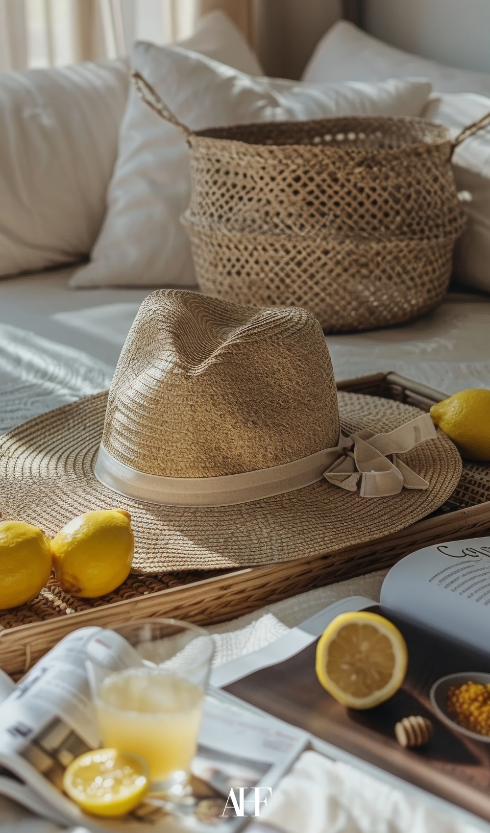 A sofa with a summer hat and citrus pieces on it, summer accessories and a wicker basket. 