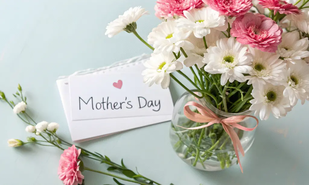 Mother's day gift ideas with a stool of flowers and a card by the bed. A cup of coffee and strawberries.