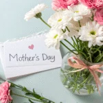 Mother's day gift ideas with a stool of flowers and a card by the bed. A cup of coffee and strawberries.