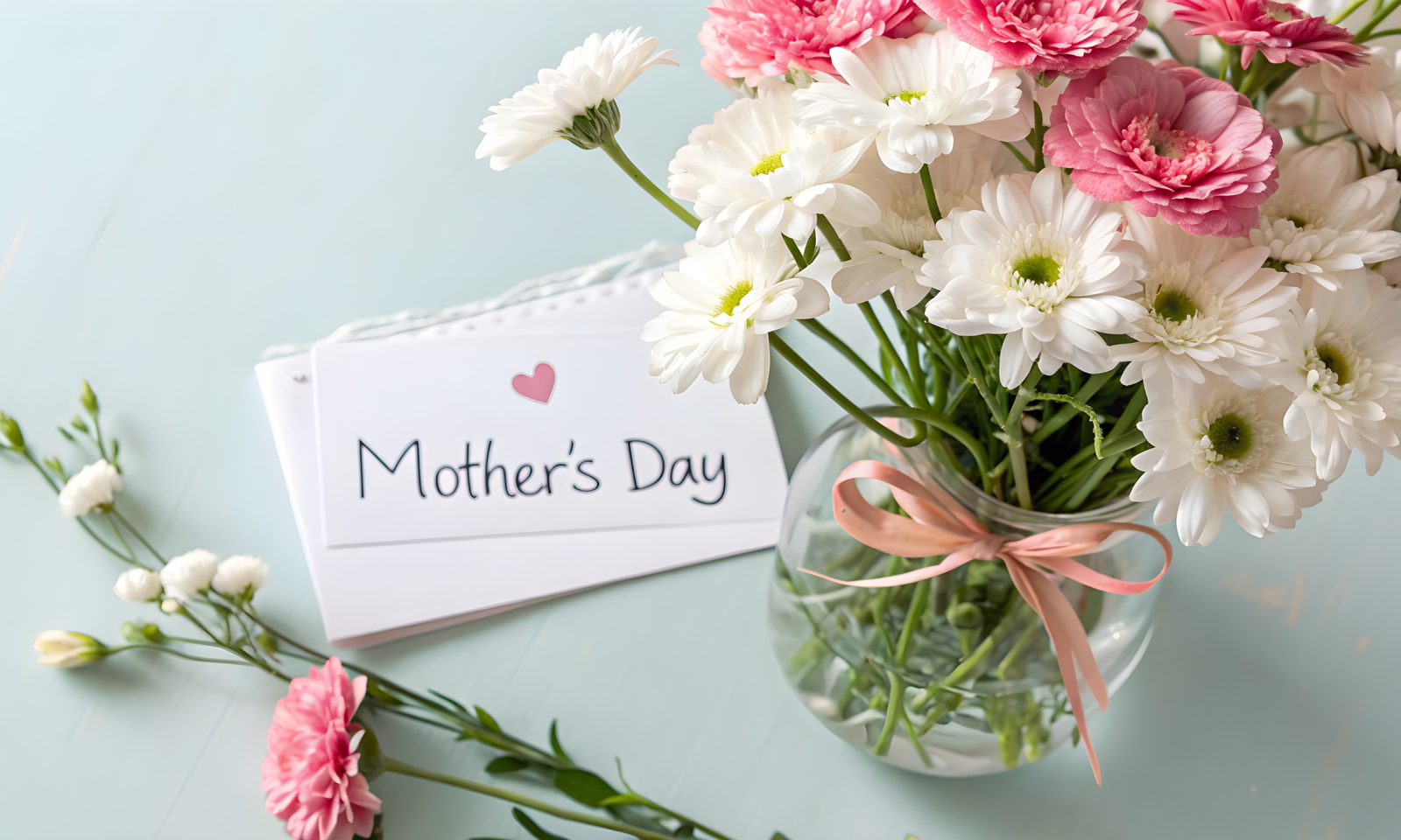 Mother's day gift ideas with a stool of flowers and a card by the bed. A cup of coffee and strawberries.