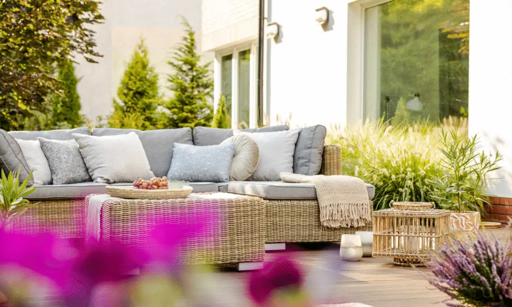 A beautiful summer patio with bright furniture and some plants.