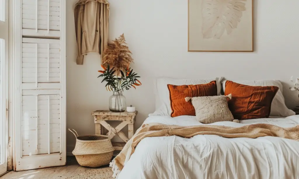 Earthy bedroom with rust pillow and neutral bedding, a wooden bedside table.