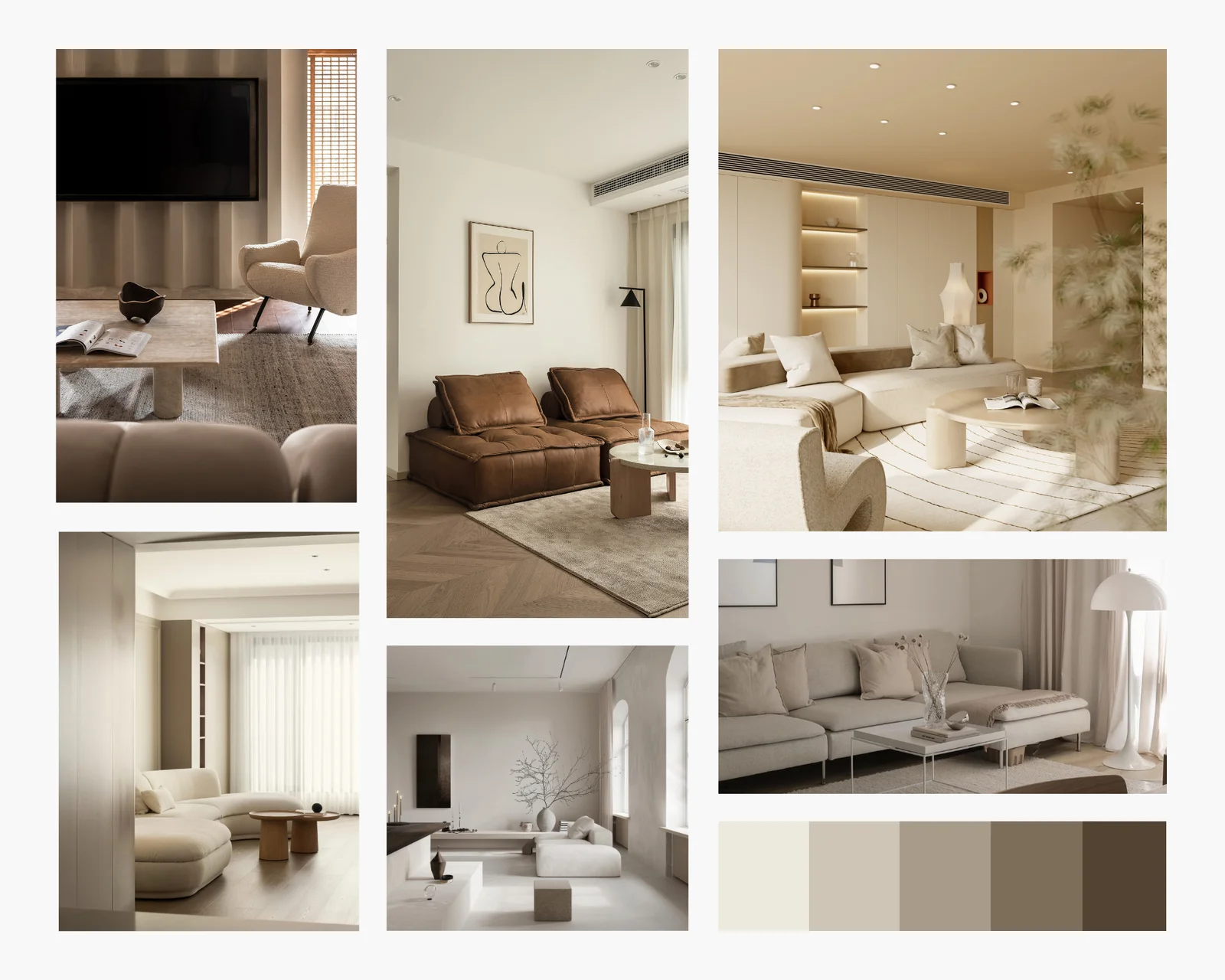 A beige and brown moodboard of a living room. Modern contemoporary design.