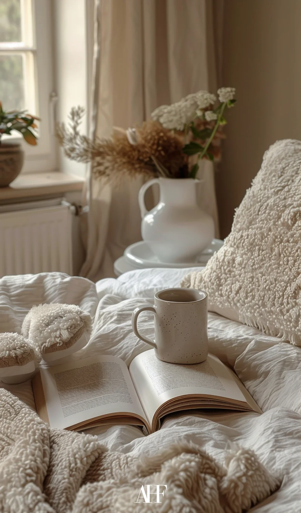 Calm and neutral bedroom with cozy textures and a book with a cup of coffee on it. 