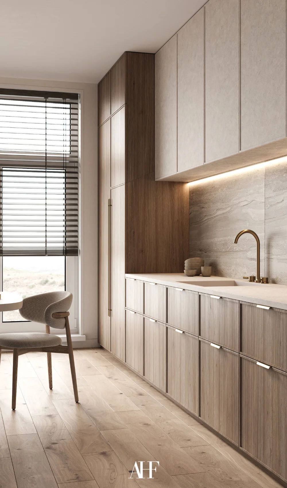 A warm wooden kitchen with a round wooden table. Large windows in the back and a sink. 