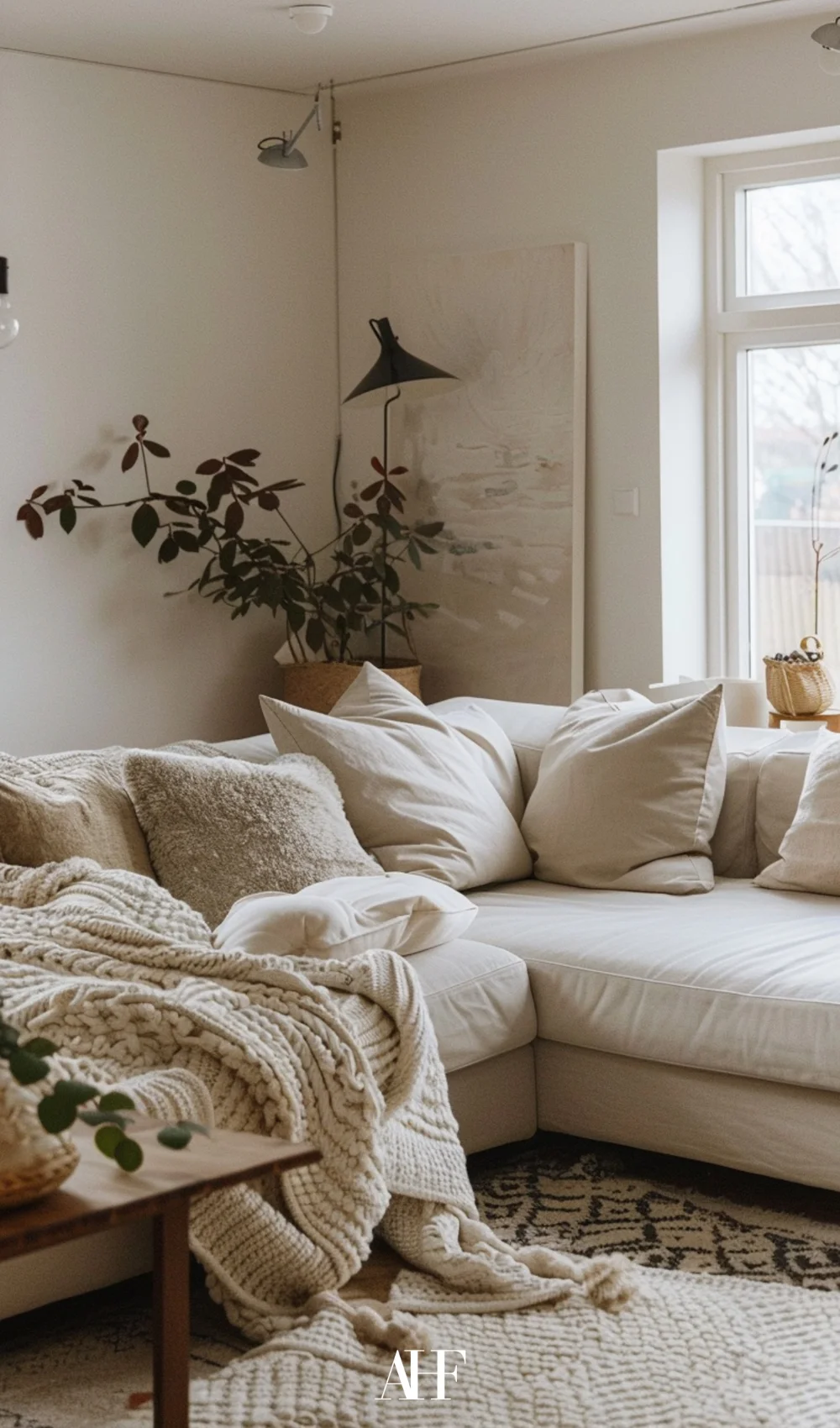 Cozy minimalist living room with a beige sofa, beige pillows, a blanket and a plant in the corner. A window to the right. 