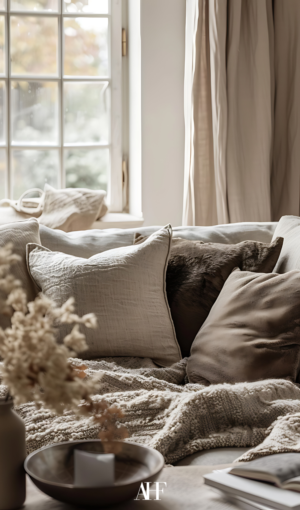 A cozy living room with a beige sofa, beige pillows and a window in the background. 