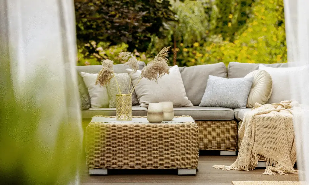 small summer patio with rattan furniture and lots of pillows and blankets.