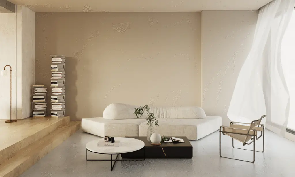 Amazon home decor with a white sofa and a wooden coffee table. Beautiifully decorated living room.