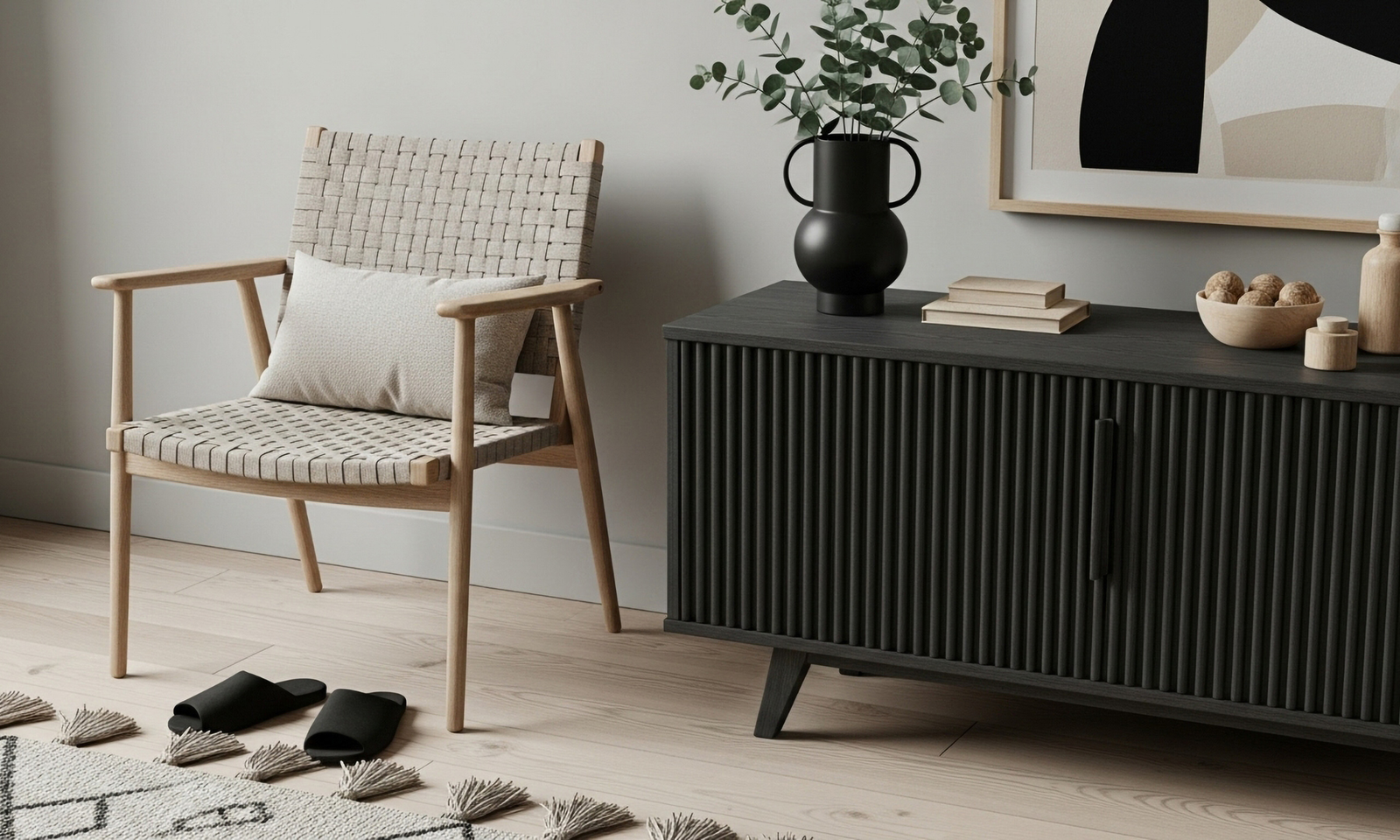 How to decorate your home - part 2. A scandinavian corner with a black wooden side table and a wooden armchair.