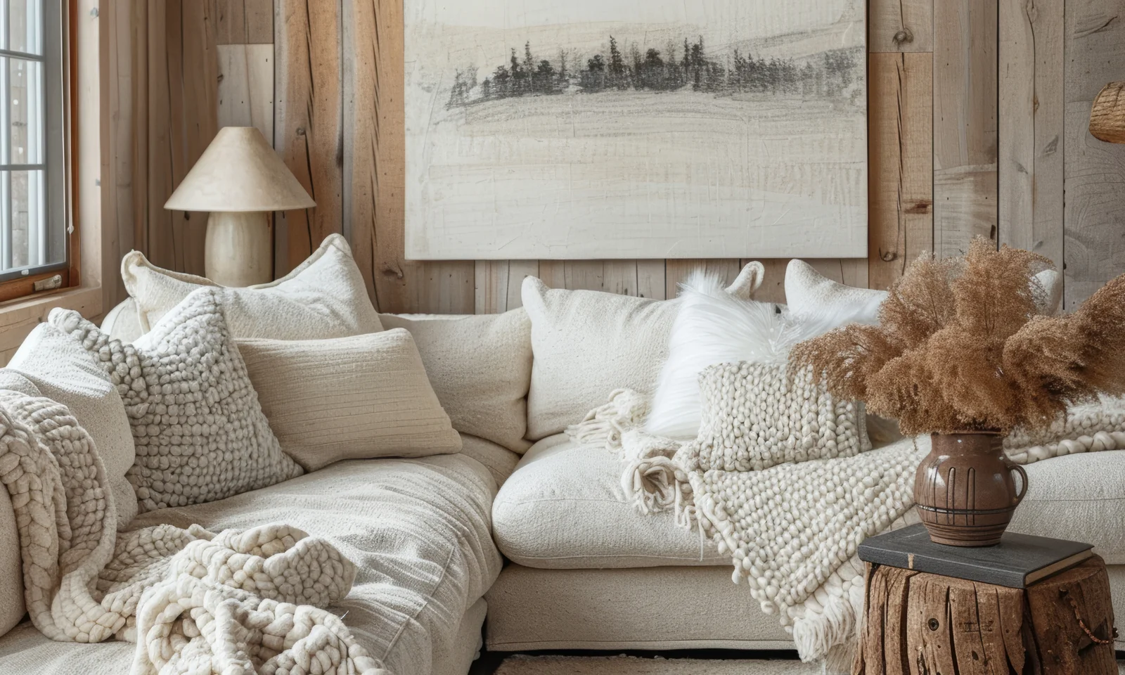 How to decorate your home. A white couch with a wooden side table and a vase with flowers. Lots of pillows and blankets. Wooden details.