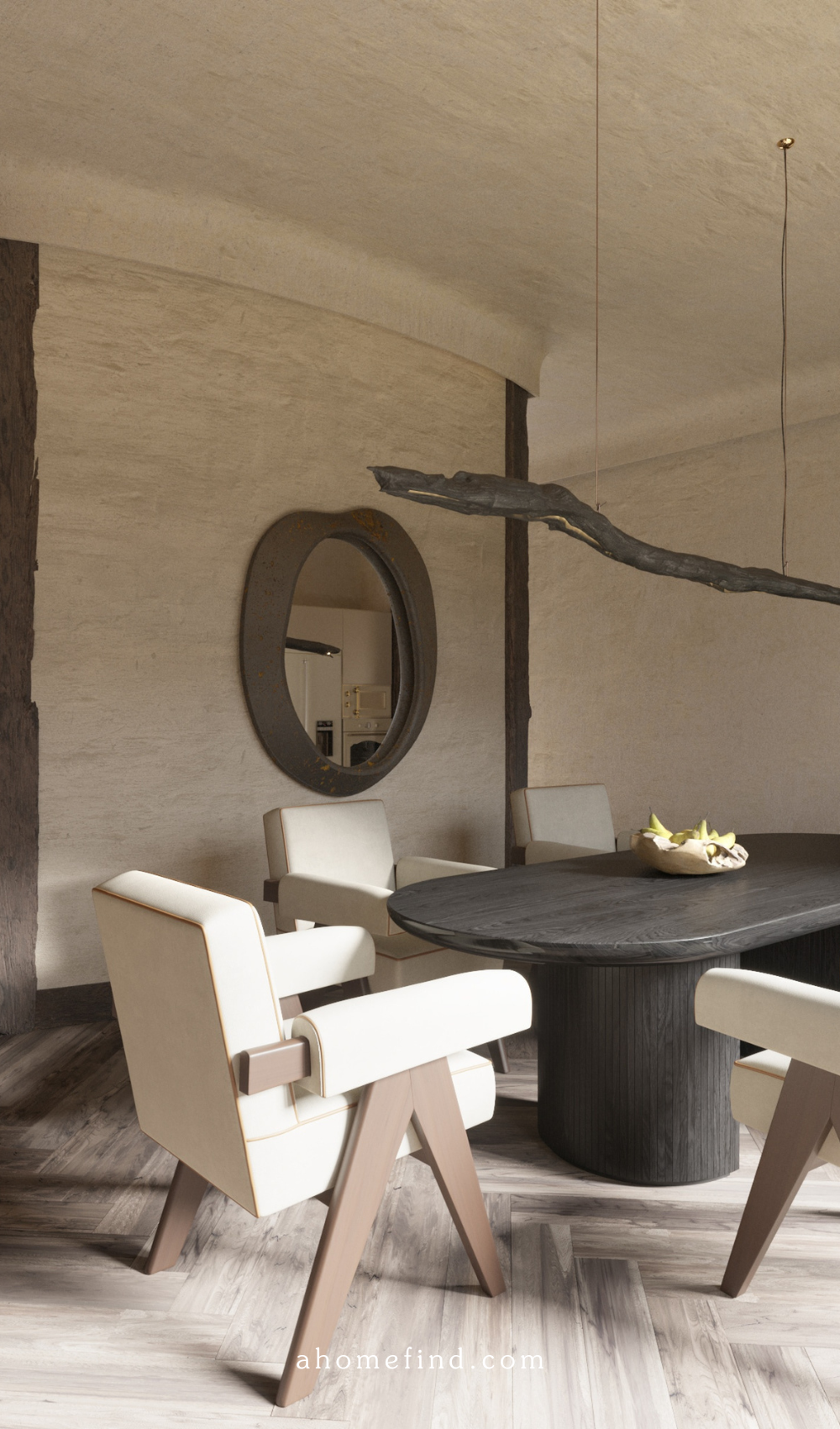 A wabi sabi dining room with a rustic black dining table and wooden/beige dining chairs. Walls with texture and a ceiling lamp with character. 