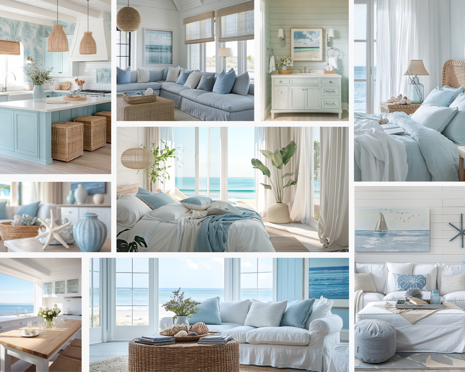 A coastal interior design moodboard with a blue cohesive theme and wooden details. 