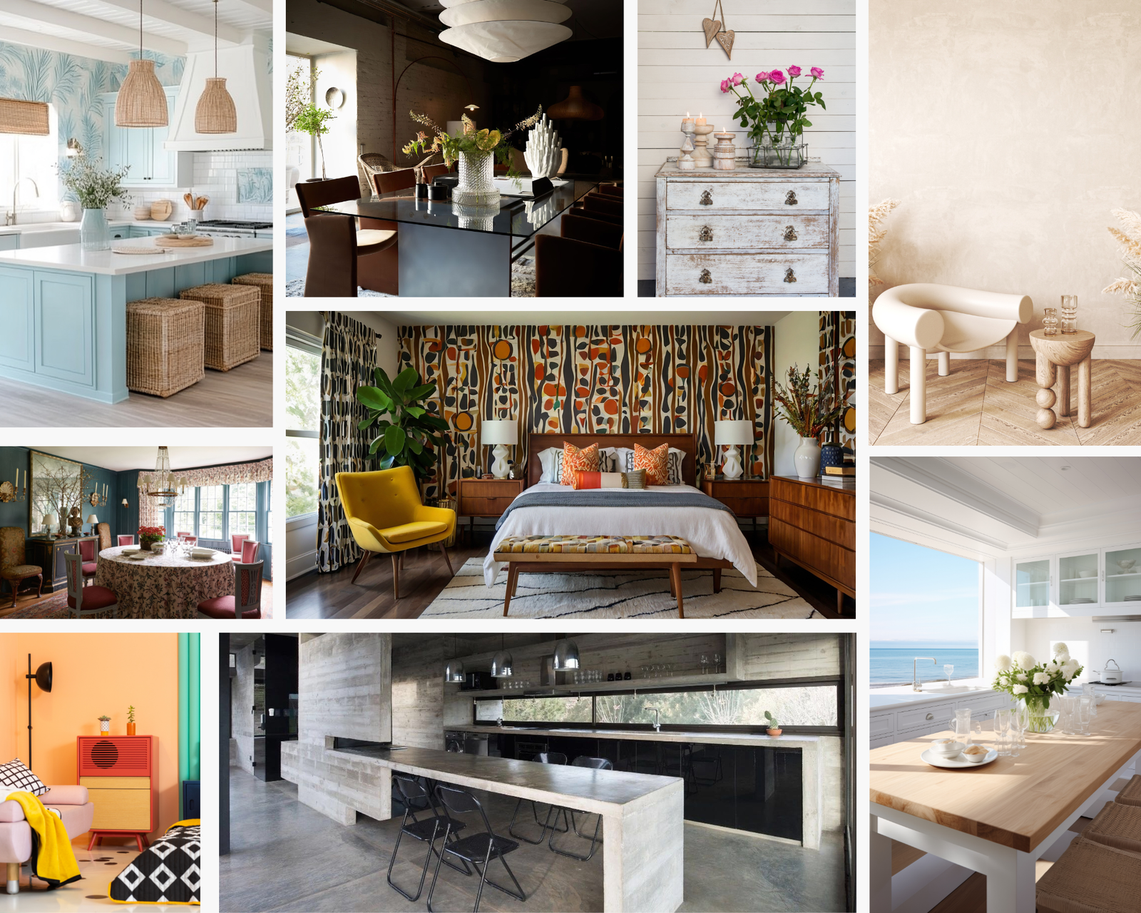 Incohesive moodboard of different styles. Very cluttered.