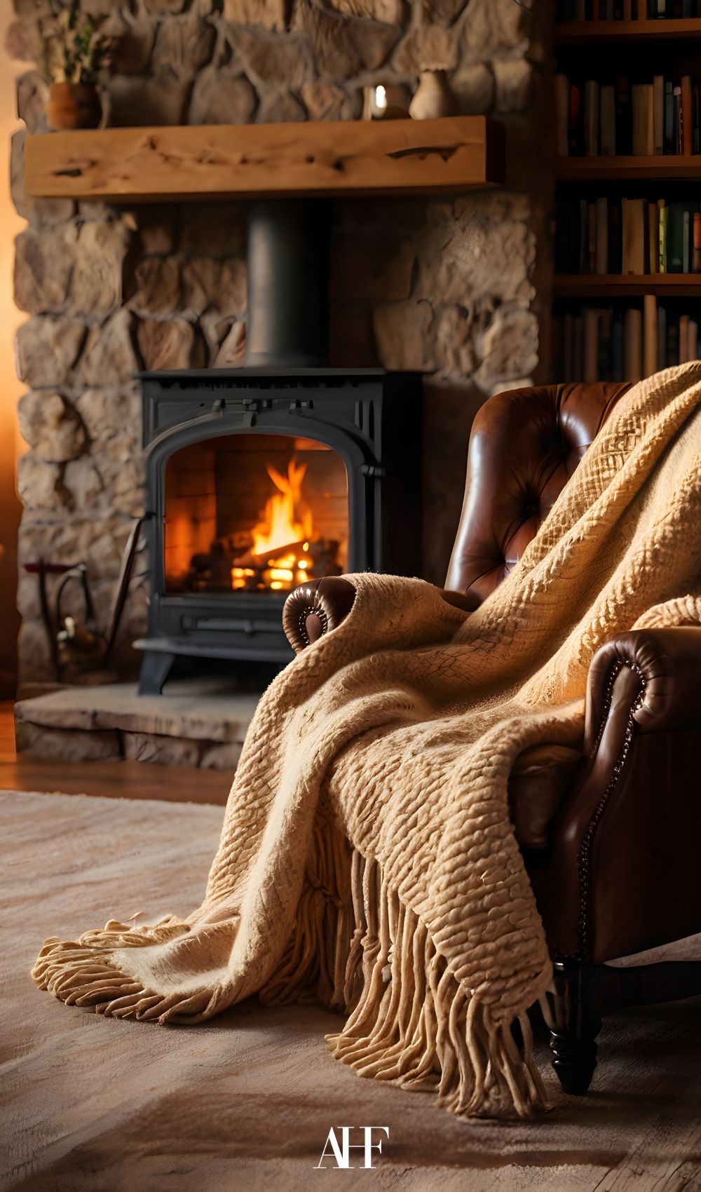Typical old money fall decorations with a fireplace, stone wall and a leather chair with a blanket hanging over it. 