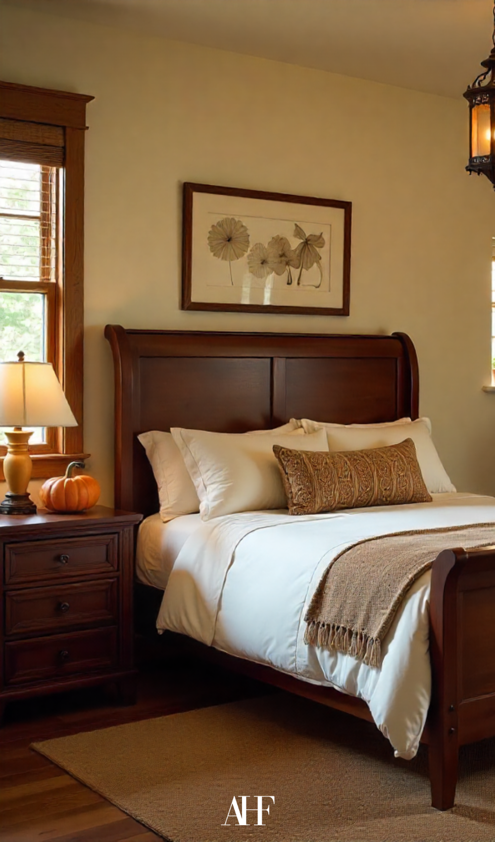 A bedroom inspired by old money fall with earthy colors, dark wood tones and lots of texture. 