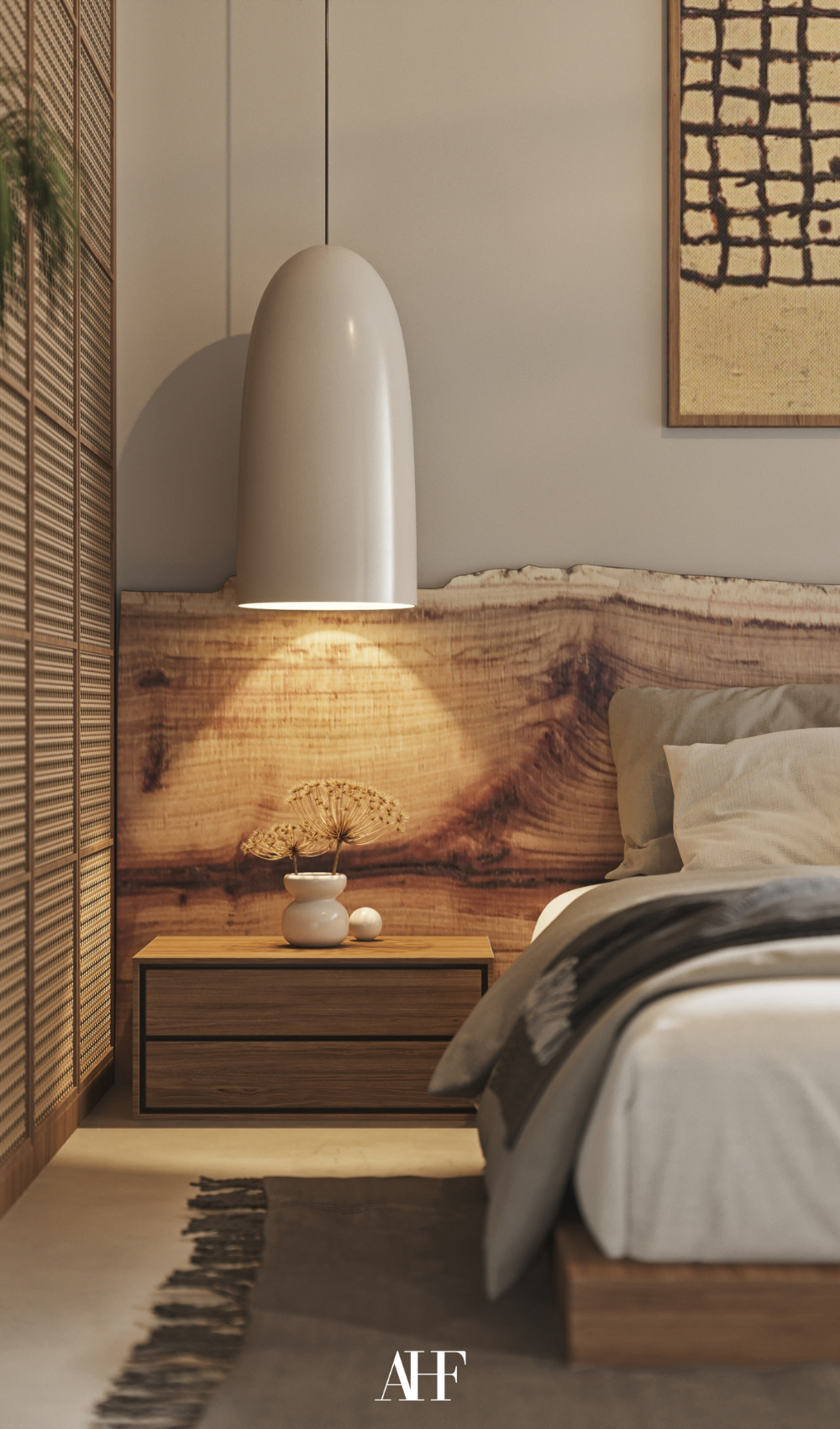A bedroom with a large wooden bedframe and a wooden bedside table. A large hanging ceiling lamp over the bedside table. Textures in the bed.
