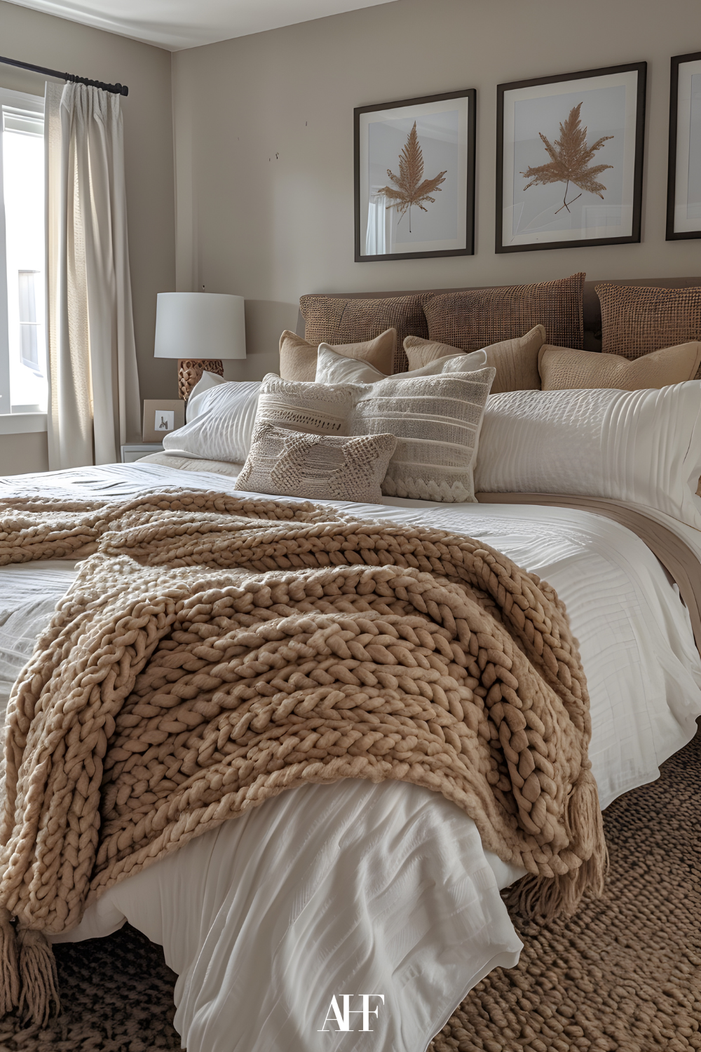 Soft neutral and warm bedroom with bedroom color combinations, a knitted blanket on the bed and neutral bedding. A window to the left. 