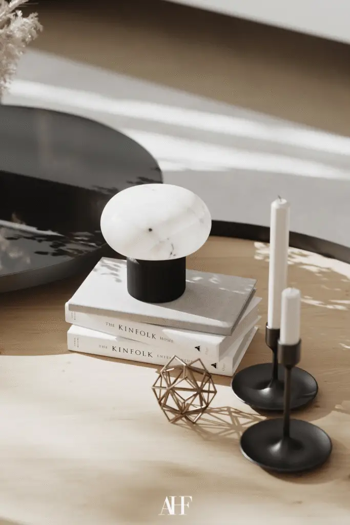 Aesthetic closeup of a modern home. A coffee table with modern table lamps, two candle holders and some books.