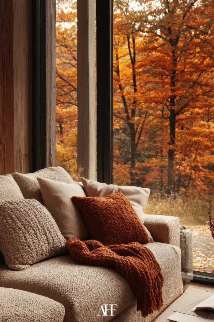 A cozy fall decor ideas living room with a beige couch and a rust colored pillow and blanket.