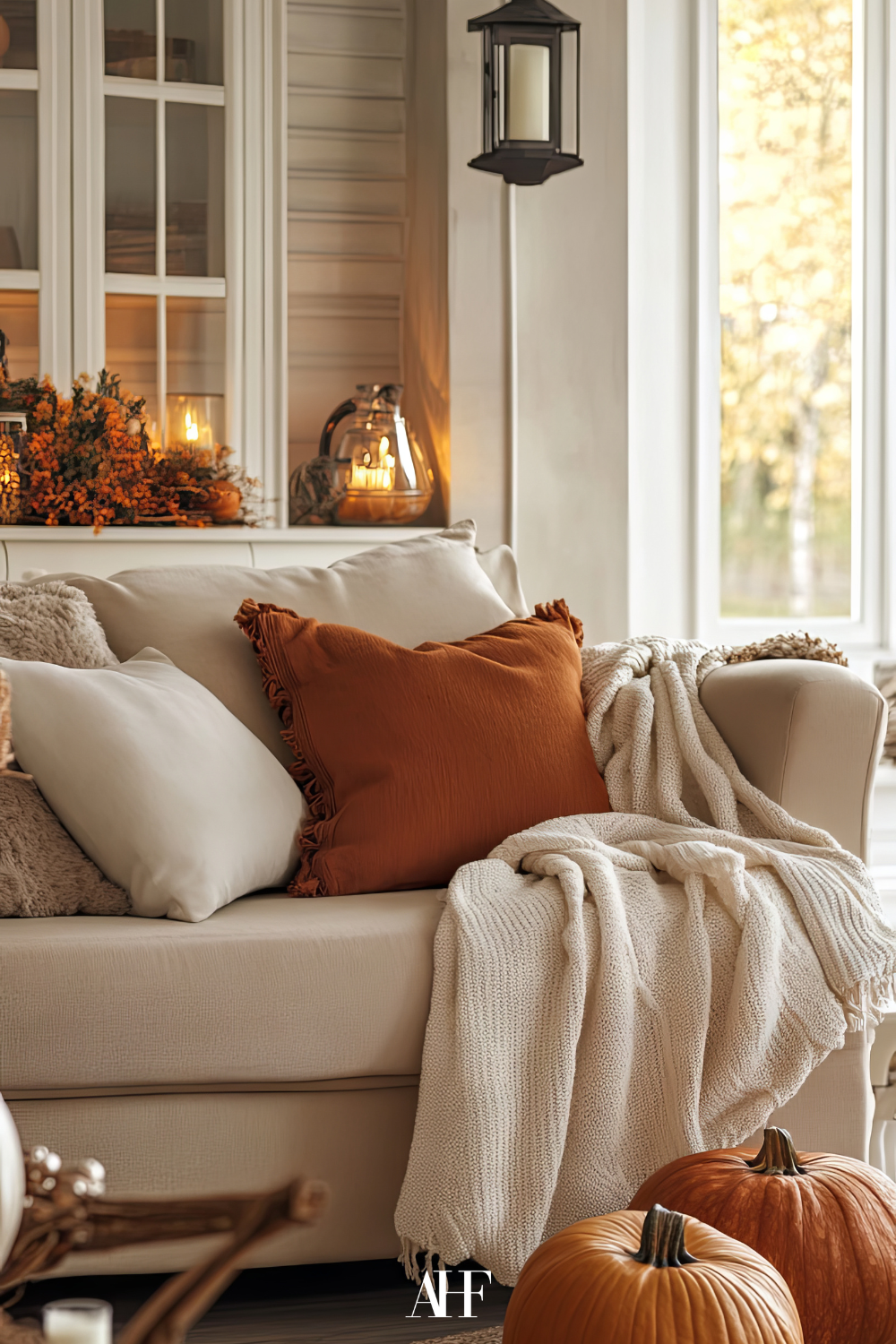 A cozy living room with a beige sofa and a rust pillow, large windows in the back.