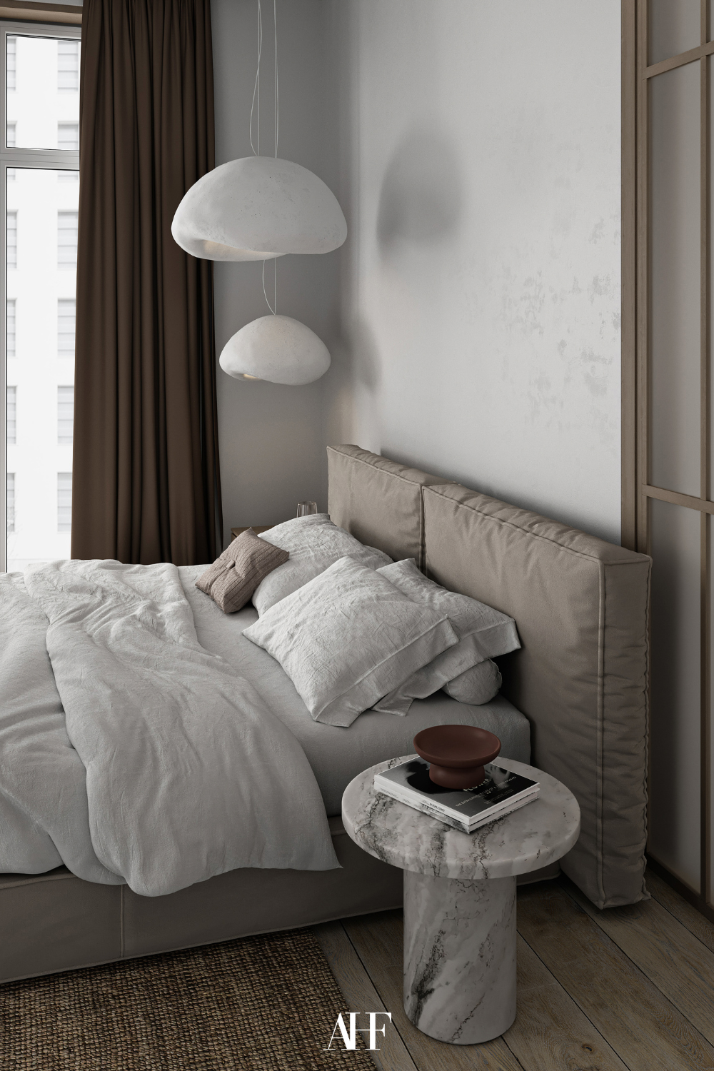 Beige and neutral bedroom color combinations with a large bed, a marble bedside table and two pendant lights hanging from the roof. 