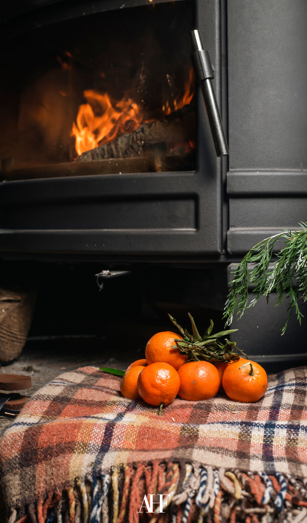 Cozy fireplace with a checkered blanket in front of it with some citrus fruits. Old money fall vibe. 
